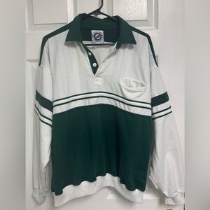 Vintage Colorblock Rugby Pullover Green White Ribbed Collared Sweatshirt Mens
